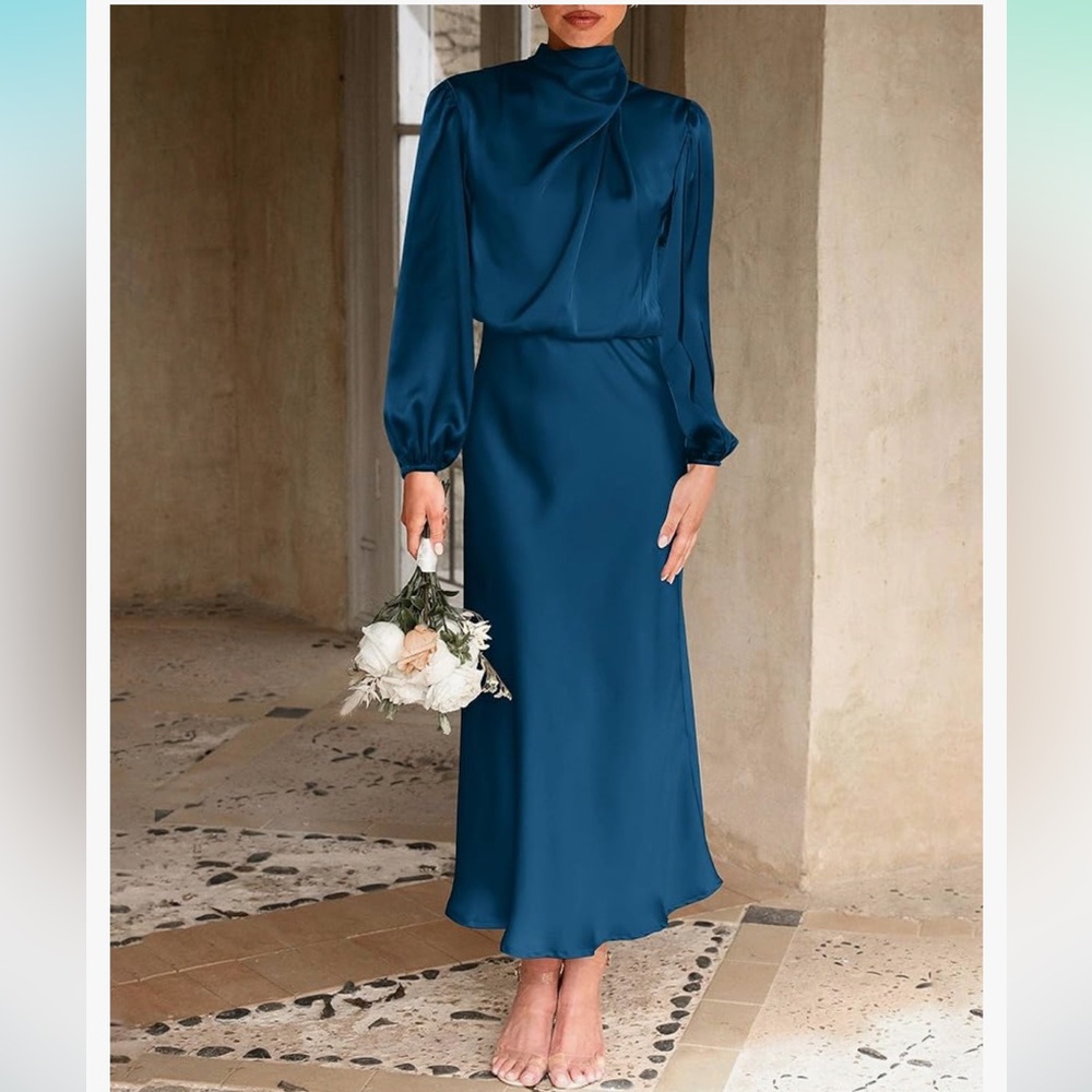 Satin Blouson Midi Dress - Picture 2 of 12